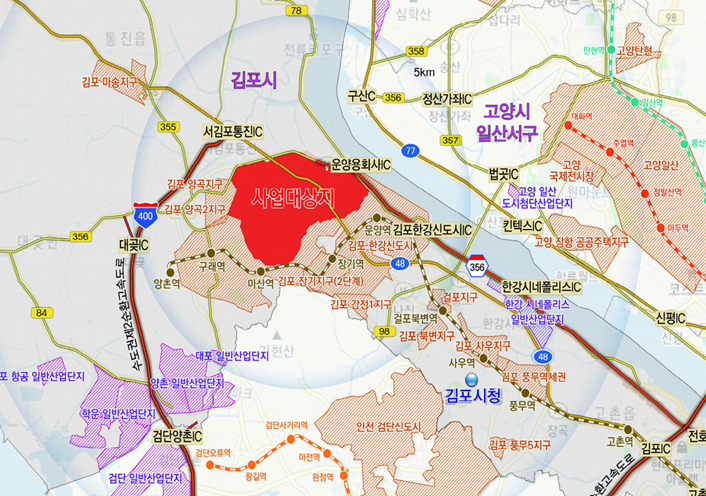 김포한강2콤팩트시티 위치도 - 김포한강2공동주택지구(731만m2)를 중심으로 왼쪽에 환경재생혁신복합단지 아래로 장기지구 오른쪽으로 김포한강신도시
